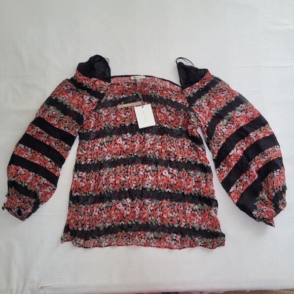 NEW SILK MASSIMO DUTTI ITALIAN MULBERRY BLACK RED LT ED Hong Kong BLOUSE 4 SMALL - Picture 2 of 12